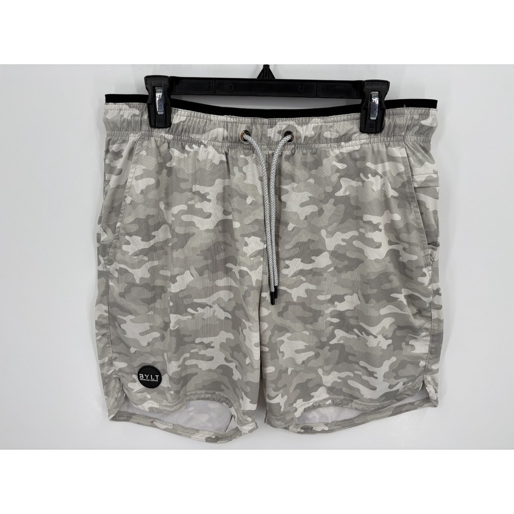 BYLT Linerless Training Shorts Men's Gray Camouflage Running Gym Drawstring, XL